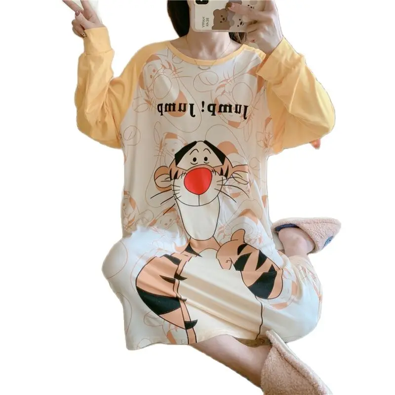 Disney Cartoon Minine Mouse Nightgown Lounge for Girls Autumn Fall Loose Sleepwear Long Sleeve Midi Dress Ladies Sleepshirt