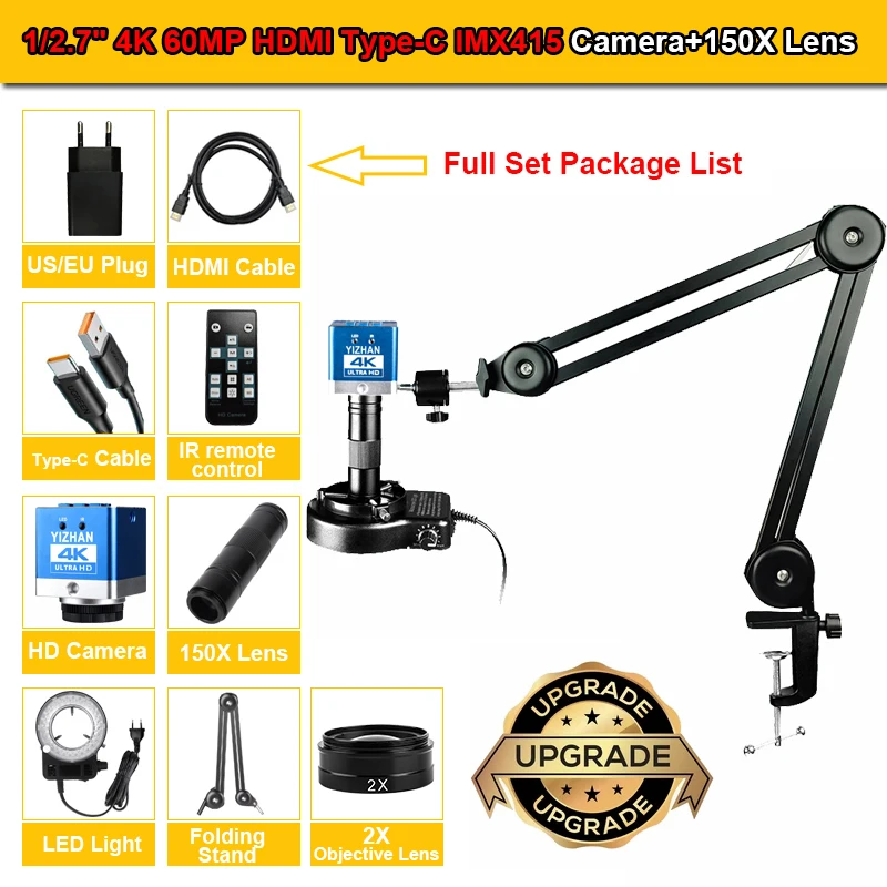 

YIZHAN 4K UHD 60MP электронный цифровой микроскоп 150X 0,3X 0,5X 2X объектив HDMI Type-C 1080P 60FPS/30FPS паяльная камера
