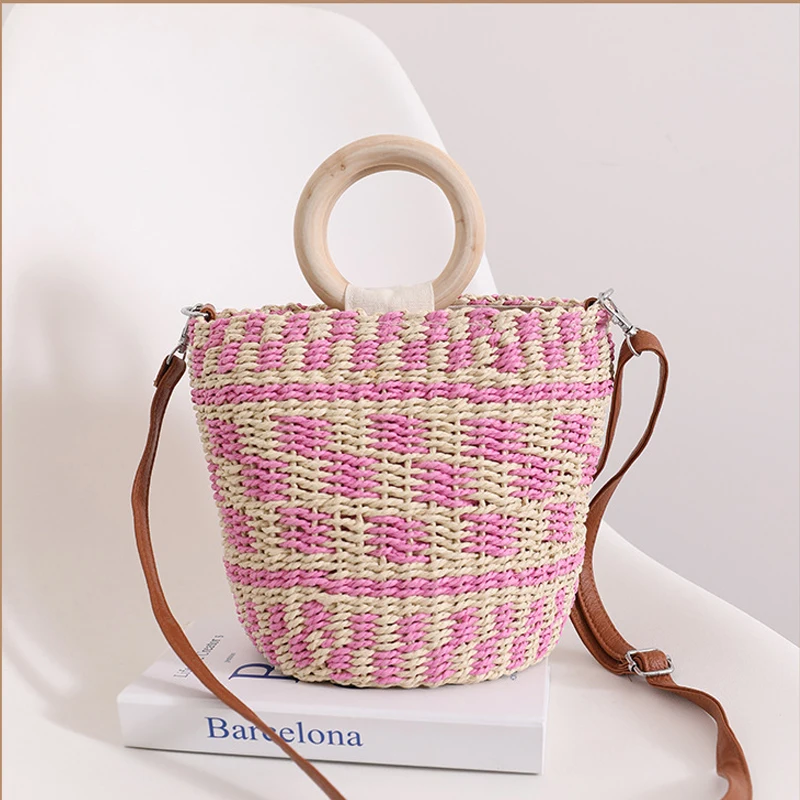 Summer Beach Bag Handmade Straw Rattan Woven Color Bump Tote Bags Wrapped Women Round Wood Top-handle Handbag Rattan Basketbag