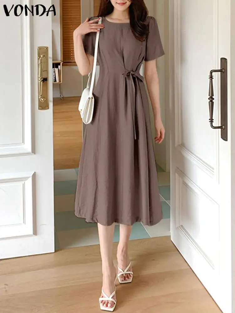 

Женское длинное платье-рубашка VONDA, летний сарафан с коротким пышным рукавом, повседневное Плиссированное Бандажное платье, элегантное однотонное платье, 2023