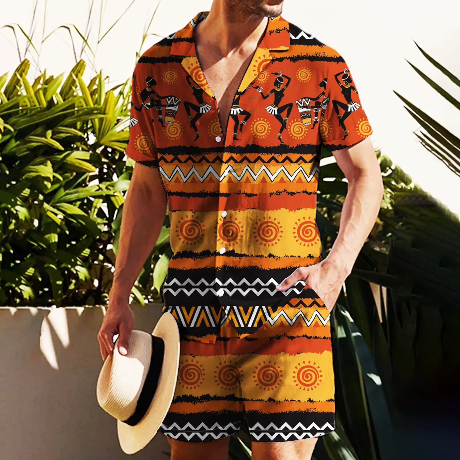 African Ethnic Style Summer Tracksuit Short Sleeve Shirt 2-Piece Men's 3D Print Button Lapel Casual Male Streetwear Outfit