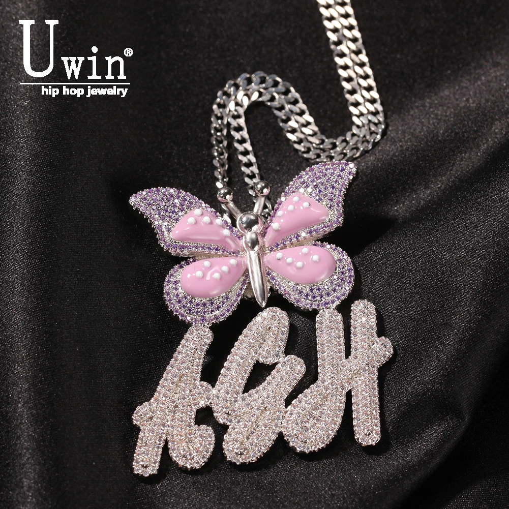 

Uwin Custom Initial Pendant Brush Letters With Butterfly Name Necklace Iced Out Personalised Necklace Gift Drop Shipping