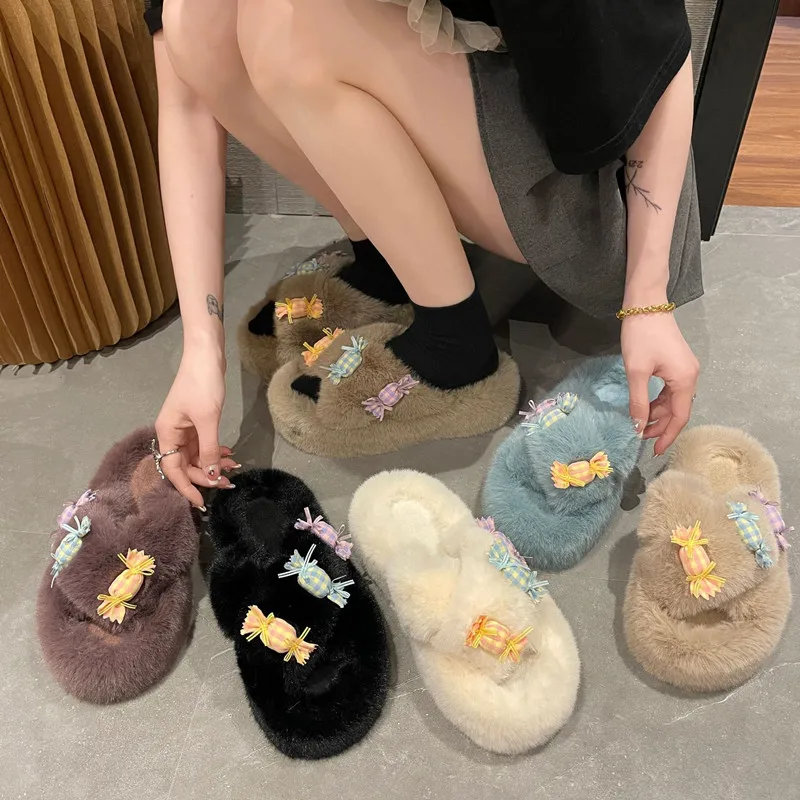 Open Toe Fluffy Slippers Women Winter Warm Flat Shoes Multicolored Faux Fur Outdoor Slippers Cross Plush Flip Flops Woman