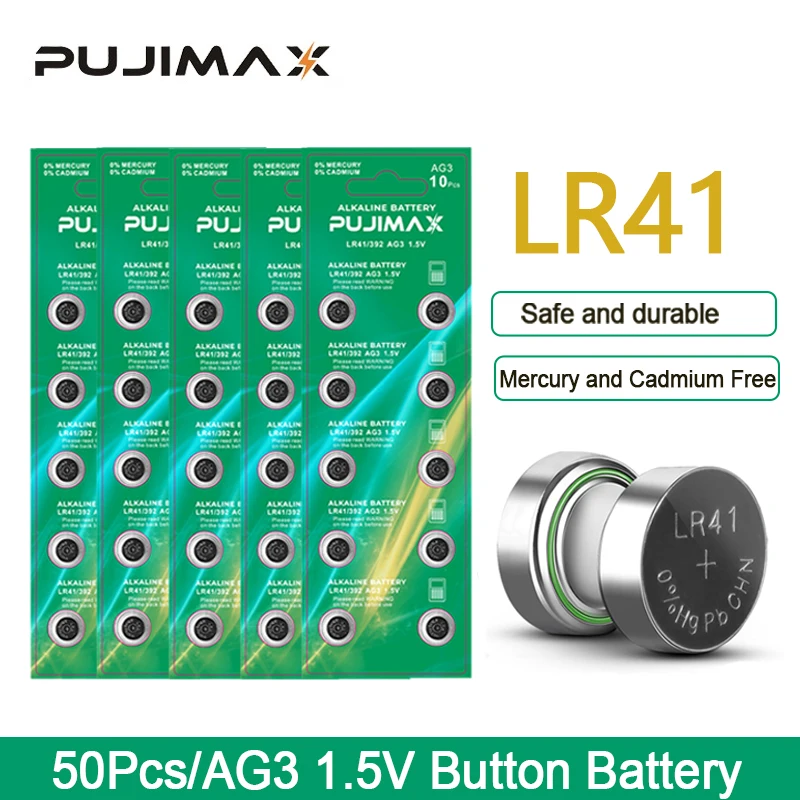 

PUJIMAX 50Pcs AG3 1.5V Button Battery 192/LR41/392/L736 Watch Batteries Set For Calculators Clocks Safe Durable Alkaline Battery