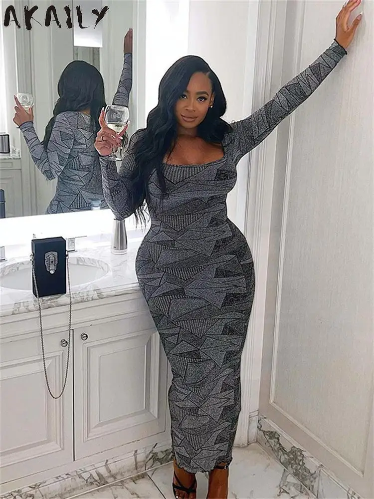

Akaily Fall Gay Striped Print Maxi Dresses For Women Fashion 2022 Long Sleeve Elegant Dress Ladies Casual Bodycon Long Dress