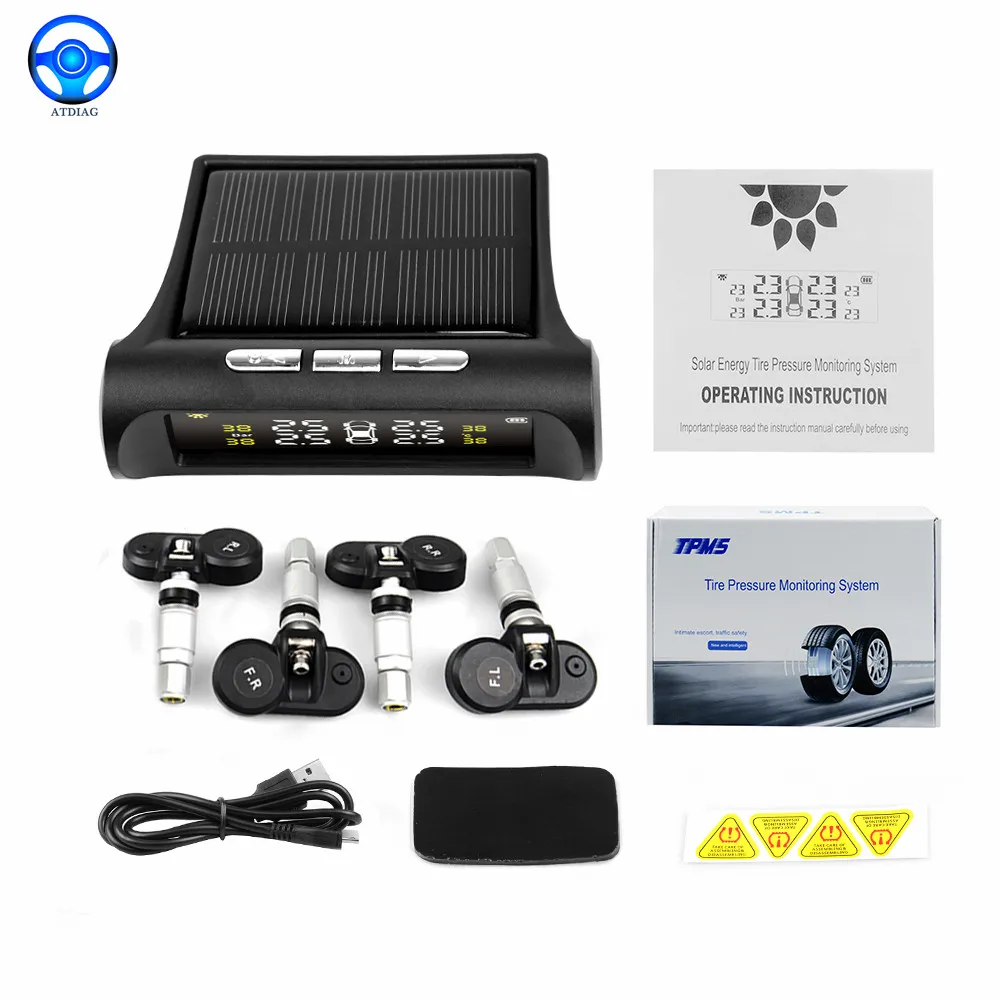 

Original Solar Power USB TPMS Car Tire Pressure Monitoring System LCD 4 External / Internal Sensors for SUV Temperature Warning