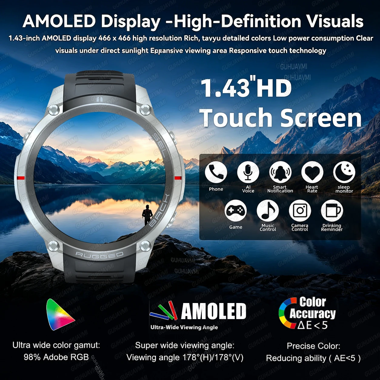 Фото Новые смарт-часы 2026 года для мужчин: GPS, офлайн-карты, AMOLED-экран 1,43 дюйма, барометр, 5ATM, звонки, измерение кислорода в крови, спортивные, прочные №5