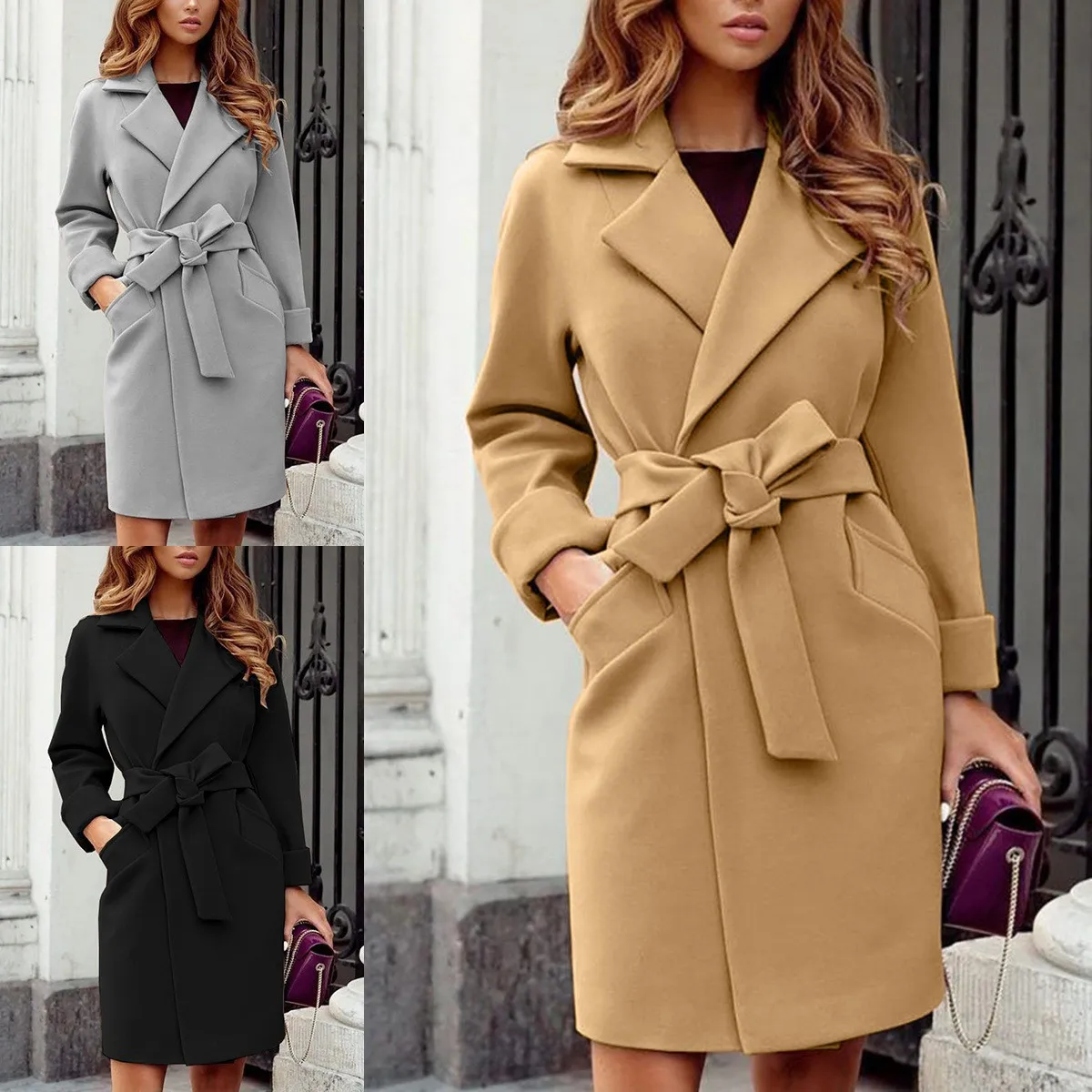 

Cutubly Office Lady Woolen Coat Warm Jackets Outwear Top With Belt Outdoor Party Streetwear Turndown Collar Long Overcoat Winter
