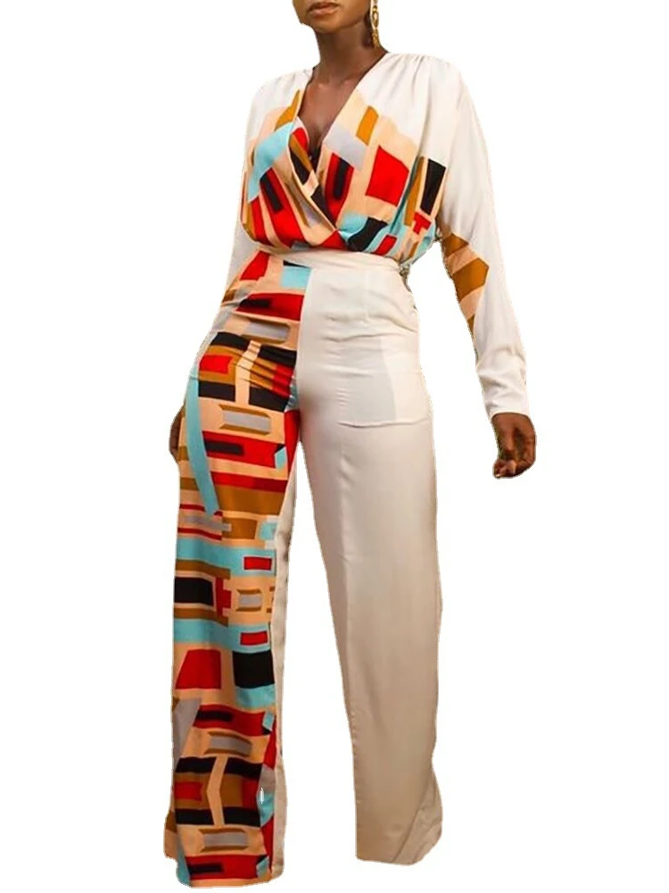 Women Jumpsuit V Neck Long Sleeve High Waist Printed Patchwork Elegant Retro Female One Piece Rompers Spring Summer 2023 Fashion