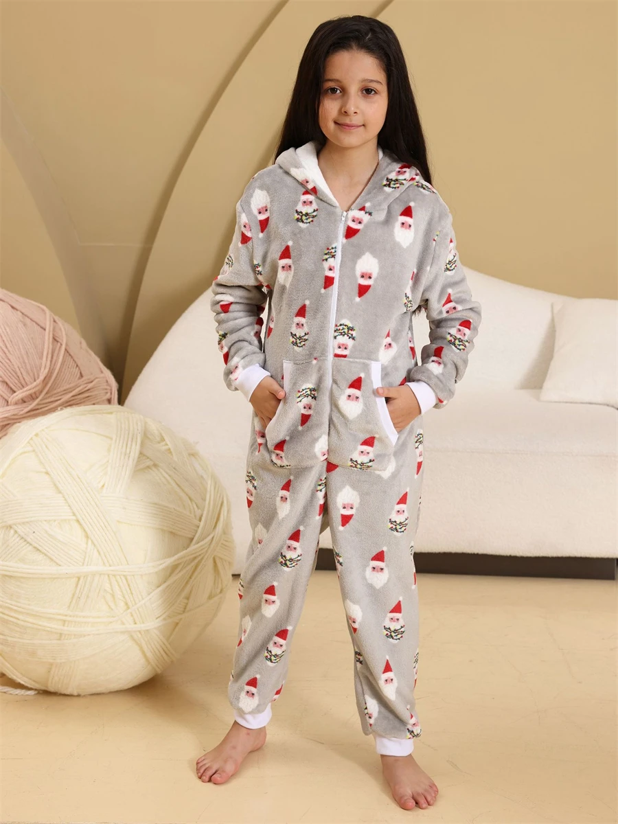 

Christmas Pijamas for Girls Kids Sleepwear Winter Flannel Soft Warm Pajamas Hooded Pyjamas Grey Print Onesies