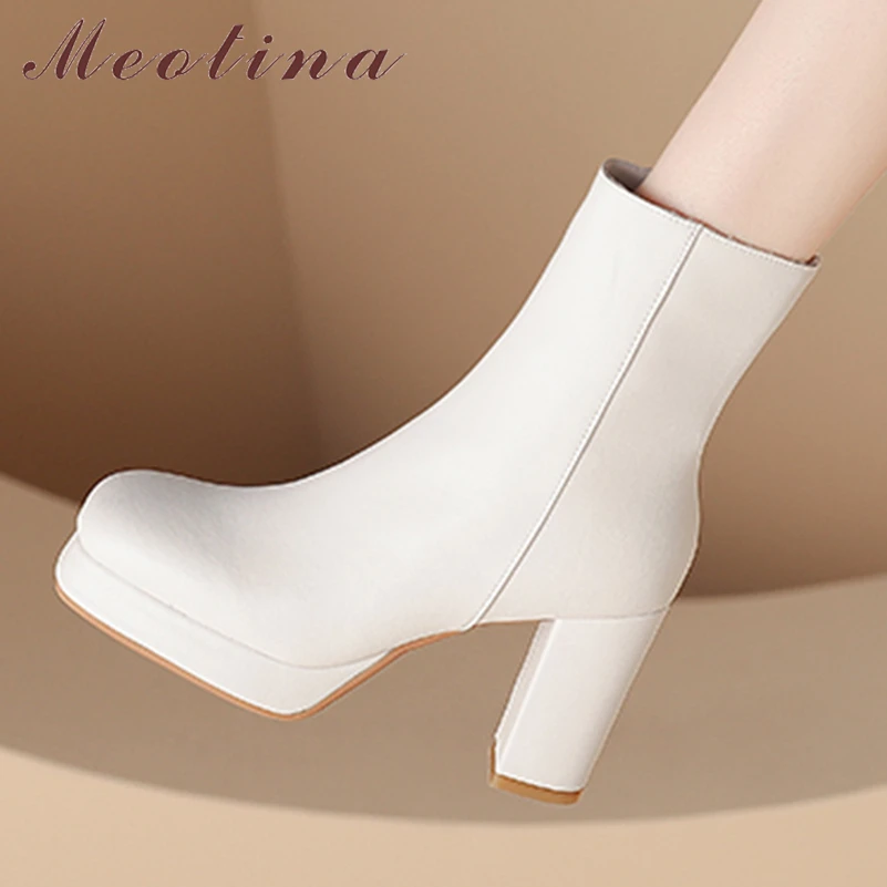 

Женские ботильоны из натуральной кожи Meotina, осенне-зимние полусапожки на платформе и толстом высоком каблуке, с квадратным носком, на молнии, 46