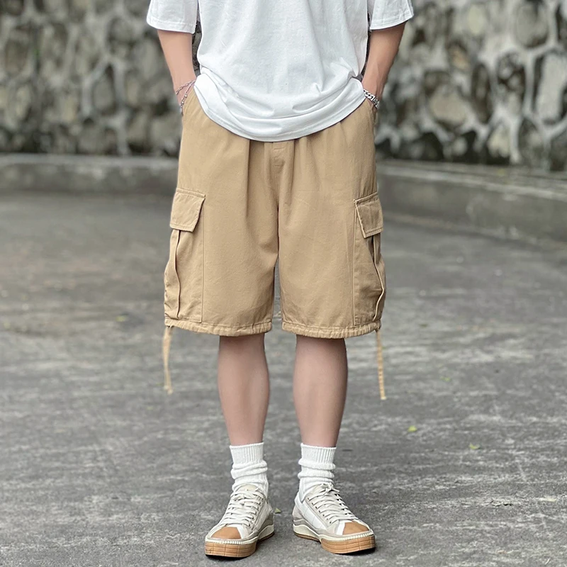 

ZCSMLL Fashion ins Japanese retro ribbon functional tooling shorts men's loose and versatile wide leg casual Capris summer