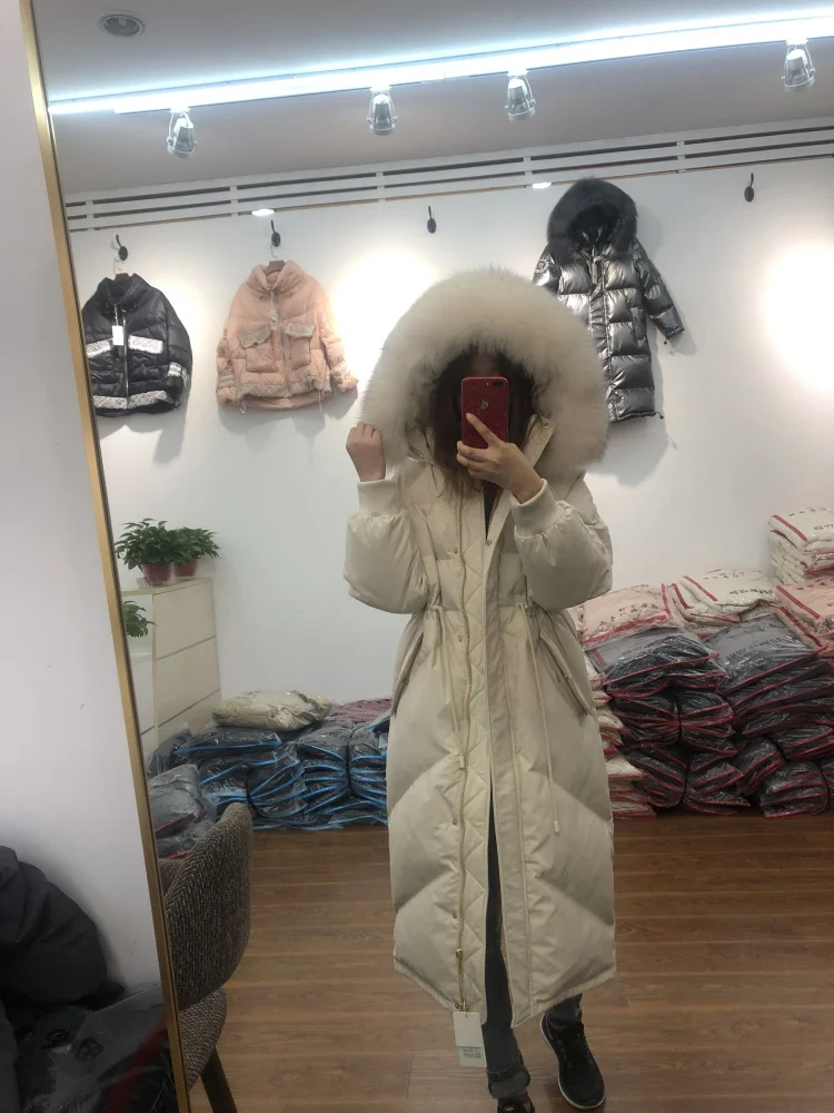 2023 Luxury Large Fox Fur Hoodie Down Coat for Women Windbreaker Maxi Long Parkas Female Thick Warm Cloth Jacket Black Pink