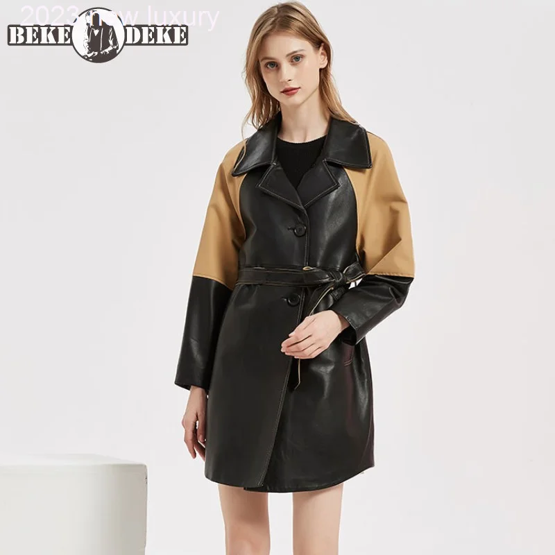 

Ladies Colors Office Mixed Long Genuine Leather Jacket Women Real Sheepskin Belted Mid Coat Elegant Autumn Windbreaker Trench