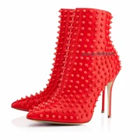 Studded Designer Red Black Rivets Ankle Boots Women Pointy Toe Autum Winter Thin High Heel Winter Booties Plus Size 45