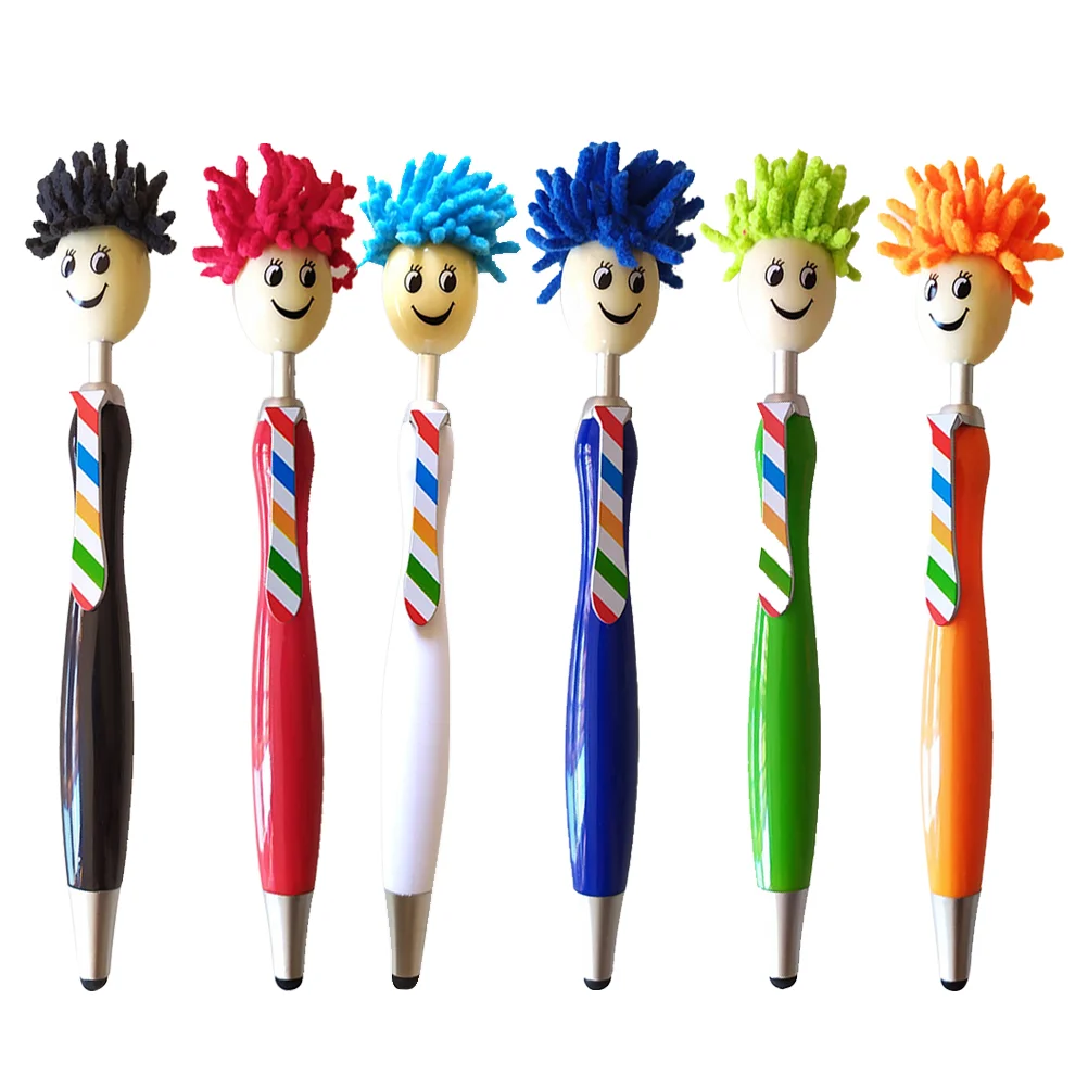 

6pcs Plush Hair Mop Head Pen Cartoon Students Writing Pen Plastic Ballpoint Pen (Assorted Color) Pens