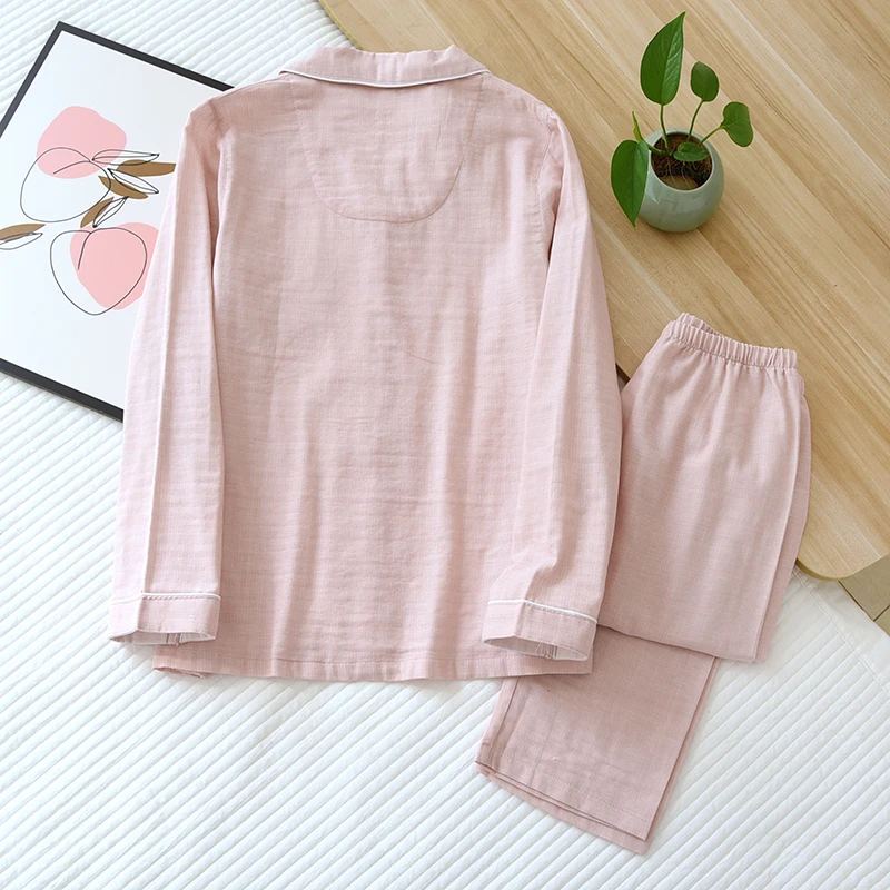 New Spring And Autumn Couple Pajamas Long-Sleeved Trousers Sleepwear 100% Cotton Gauze Two-Piece Home Service For Men And Women