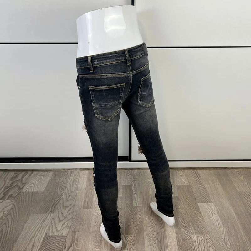 High Street Fashion Men Jeans Retro Black Blue Elastic Skinny Fit Ripped Jeans Men Patched Designer Hip Hop Brand Pants Hombre