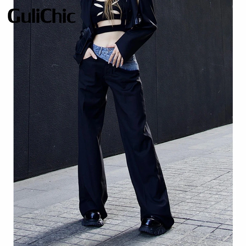 

4.12 GuliChic Irregular Patchwork Denim Contrast Color Black Wide Leg Pants Women