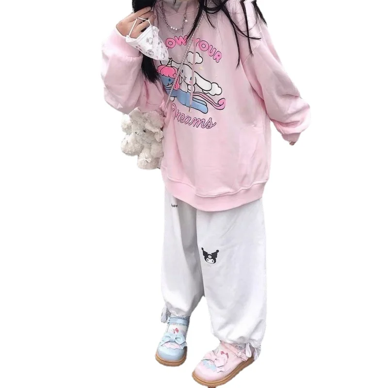 

Sanrioed Pink Cartoon Loose Hoodie Autumn Kulomi PantsCinnamoroll Fashion Sweatshirt Women Cute Korean Patchwork Tops Girl Gift