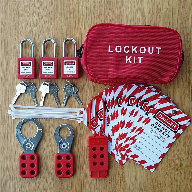 Фото Комплект Lockout Tagout - бирка Lockout Tagout, нейлоновая галстук, нейлоновая сумка для хранения, красный предохранительный замок, замки Lockout Tagout (красный комплект) №5