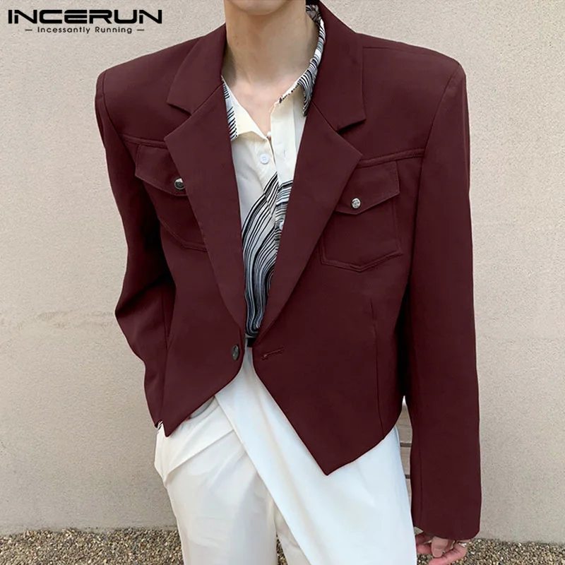 

INCERUN Топы 2023, красивые новые мужские ретро-пиджаки с вырезами, повседневные Модные мужские однотонные блейзеры с коротким рукавом