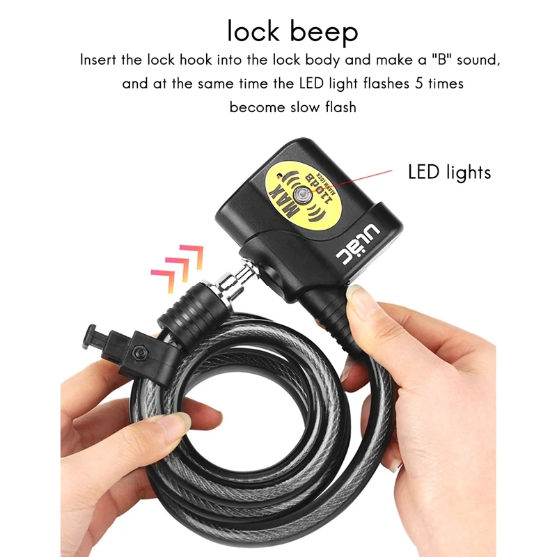 ULAC Bike Lock Bicycle Electronic Alarm Cycling 110Db Loud Cable Anti-Theft Locks Road Safe Wire