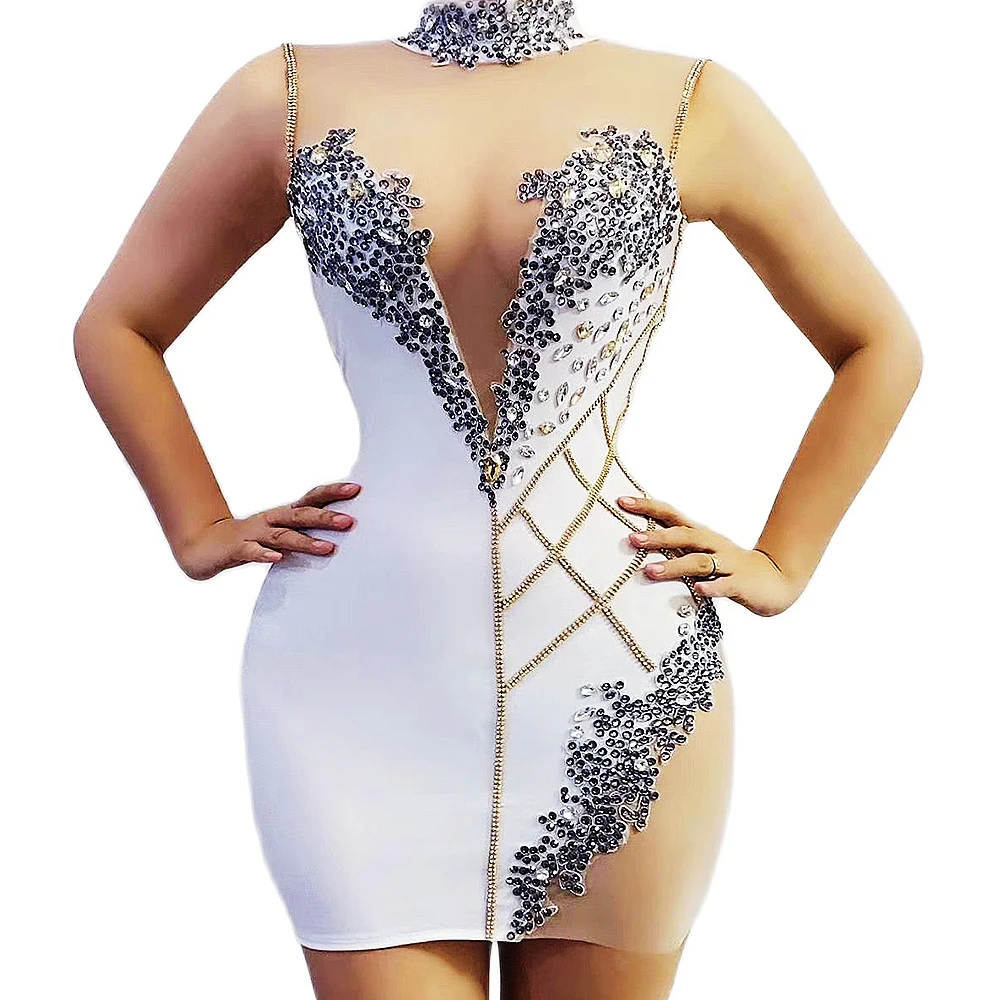 

Блестящие вставленные Стразы обтягивающие женские платья белые телесные Лоскутные короткие платья для ночного клуба DJ певицы сценические костюмы