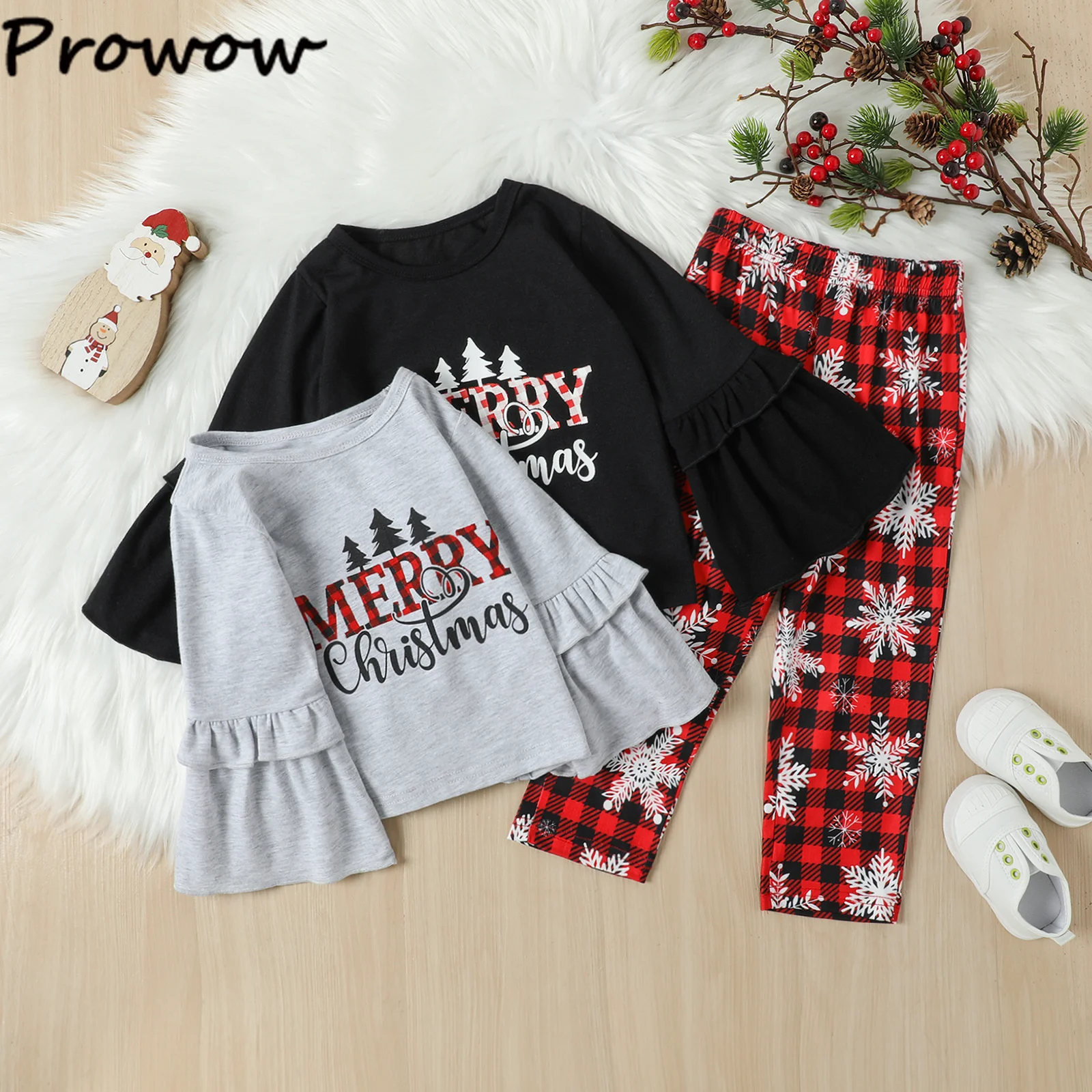 

Рождественский комплект для девочек Prowow, футболка с расклешенным рукавом + красные клетчатые брюки, детская одежда, 2023, Новогодняя одежда, п...