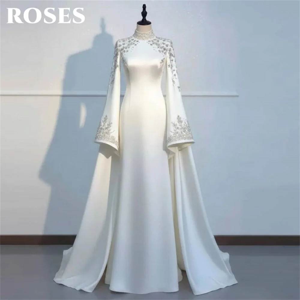 Белое вечернее платье ROSES с высоким воротом и открытыми плечами, длинными рукавами, украшенное кристаллами, для вечеринок и выпускных балов, на заказ (art.: 3920da16bc1de) - 3920da16bc1de