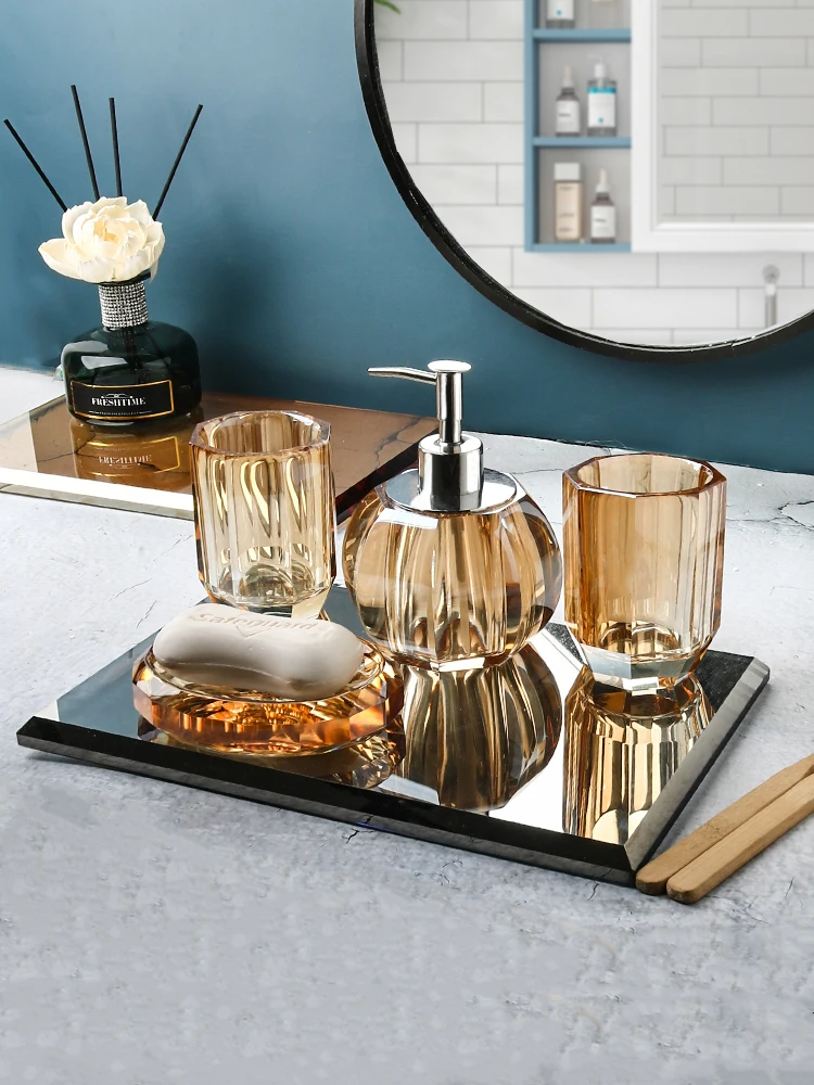 

Glass Bathroom Set Crystal Clear Wash Set Lotion Bottle Tray Soap Liquid Press Bottle Bathroom Storage Accessories Organizer