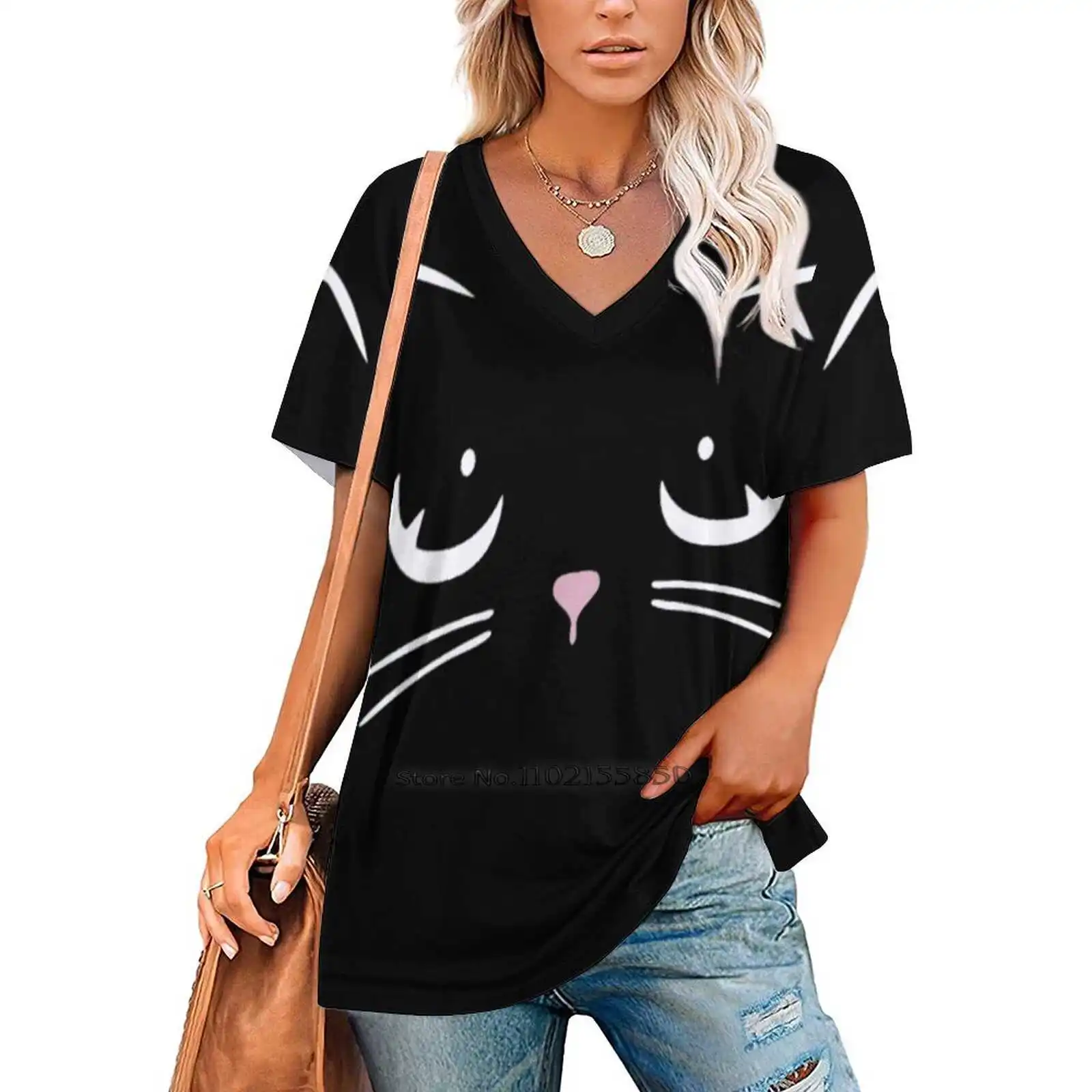 Футболка женская на молнии Повседневный пуловер с вырезами и черным котом