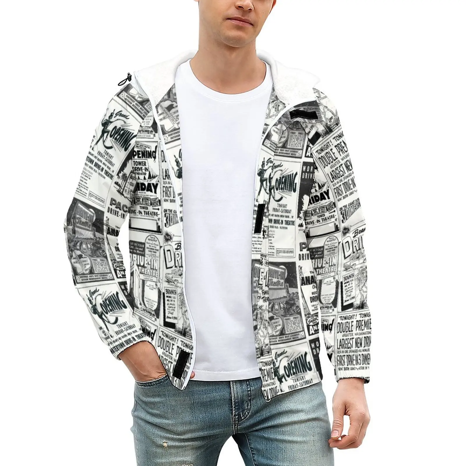 

Newspaper Adverts Warm Jackets Movie Flyers Zip Winter Coats Men Aesthetic Casual Jacket Custom Loose Oversize Windbreakers Gift
