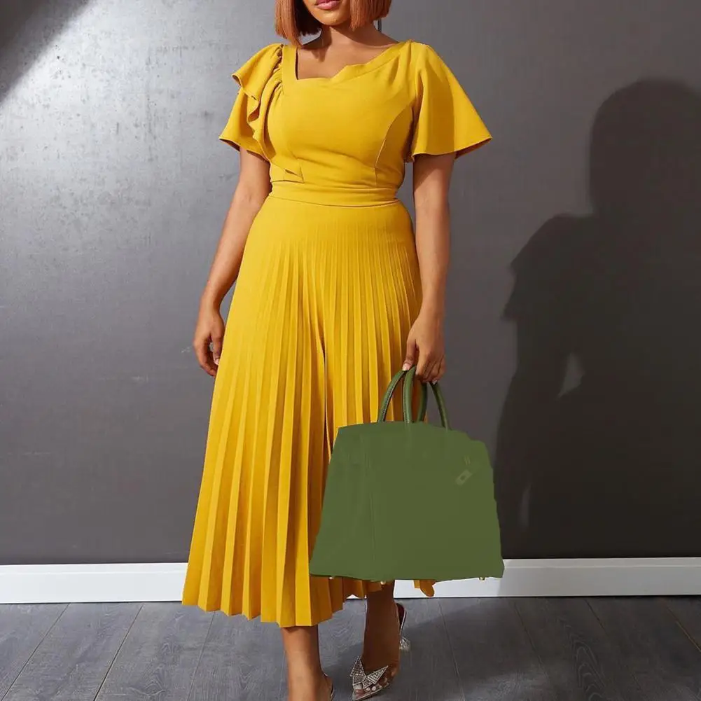 

Fashion Slash Neck Ruffles Sleeve Summer Pleats A-Line Party Dress Solid Color Elegant Slim-fitting Formal Dress for Wedding