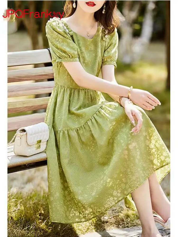 

French Dress Women's Summer 2023 New Square Neck Beaded Bubble Sleeves Temperament Wrapped Waist Slim Fit Long Dress Dresses