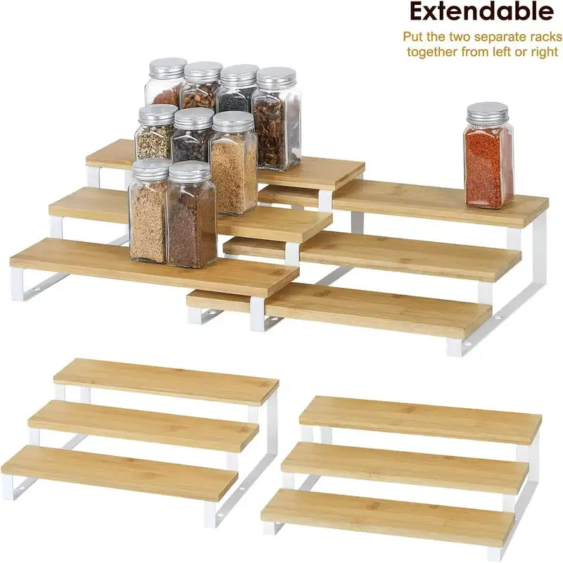 

Tier Expandable Spice Rack, 4 Pack Bamboo Step Shelf Organizer (White)