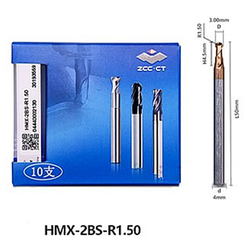 HMX-2BS-R1.50 ZCC.CT HMX-2BS Two edge straight shank Micro diameter ball end mill D3.00R1.50*4*4.5*50 2F Ball Nose End Mills