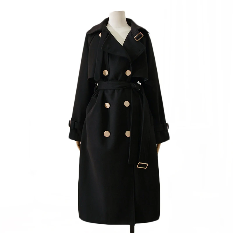 

Temperament Coat Black Woolen Coat Women's Winter New Korean Fashion Long Double-Breasted Straight Woolen Coat Ladys Coat