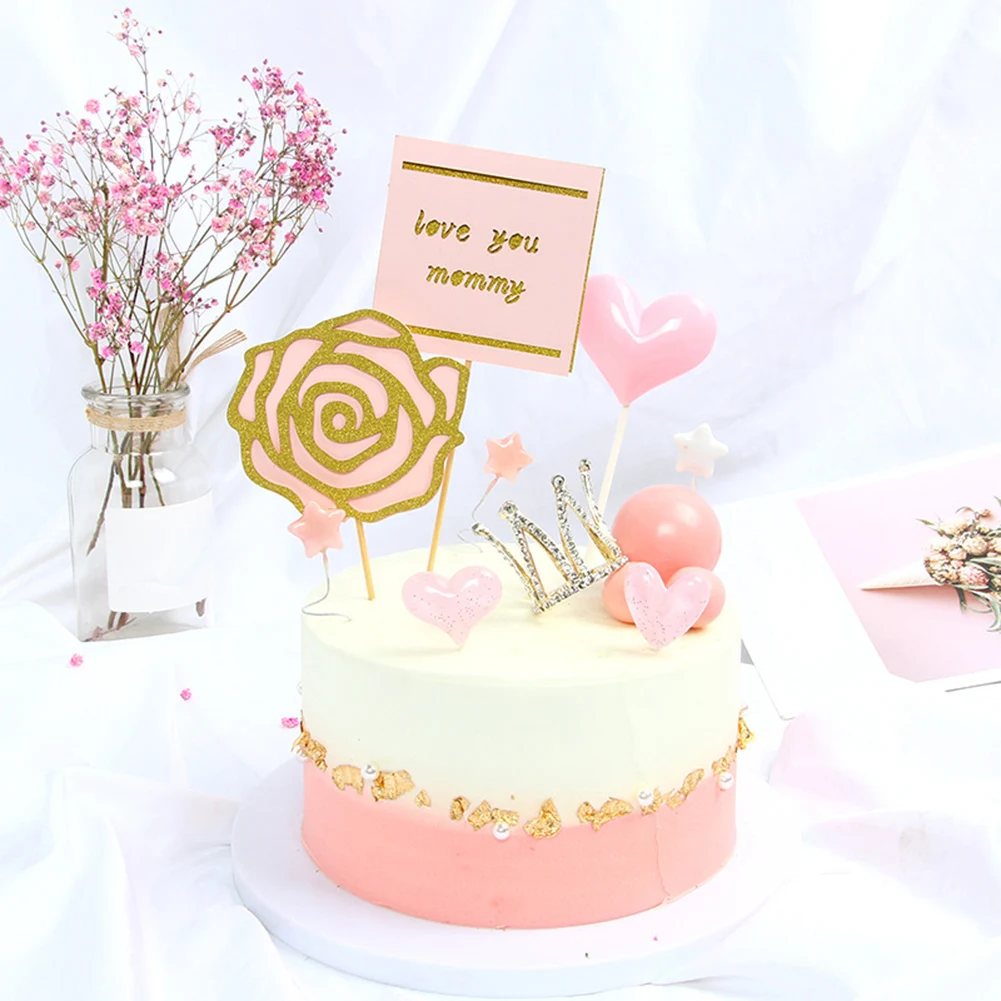 

Mother's Day Rose Insert Card Baking Cake Topper Happy Birthday Cake Decorations Cupcake Toppers Party Supplies Photo Props