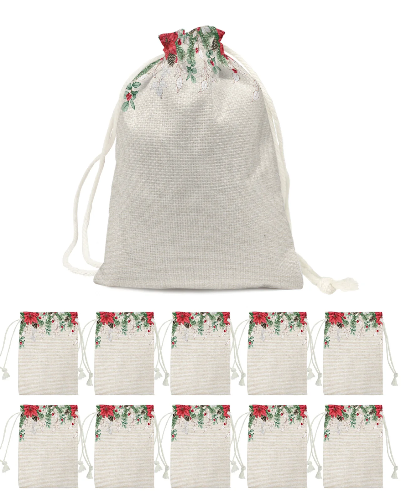 

Christmas Poinsettia Fir Tree Berries Candy Bags Santa Gift Bag Home Party Decor Navidad Xmas Linen Gift Bags Packing Supplies