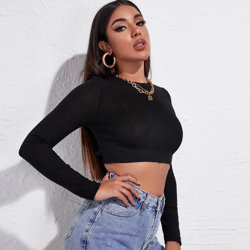 Streetwear Women Black Shirts Sexy Tie-up Backless T-shirt New 2022 Spring Fall Long  Sleeve Casual Tees Crop Tops Blusas Mujer