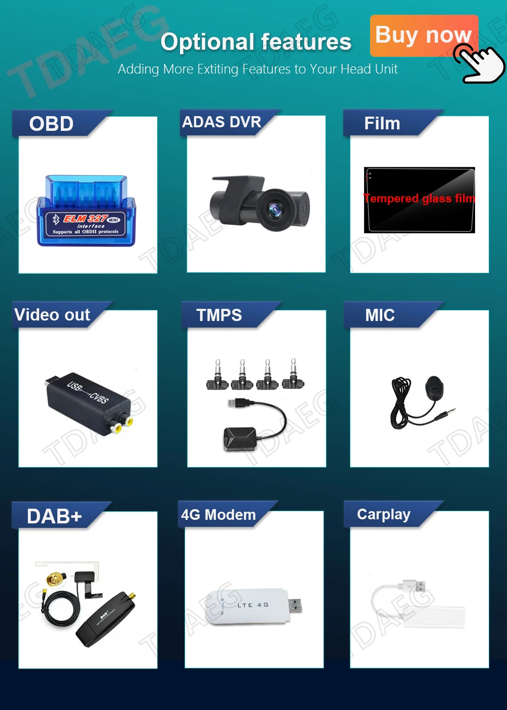 Мультимедийные аксессуары TDAEG для навигации опционально OBD DAB + TPMS 1080P DVR 360 камера