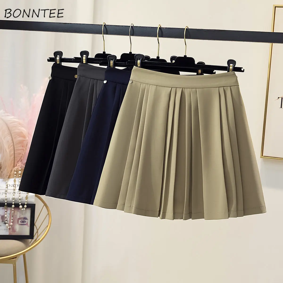 

Skirts Women Student Summer Elegant Pleated Design High Waist Leisure Solid Female Simple Mini Chic Cozy Ulzzang Hot Sale Street