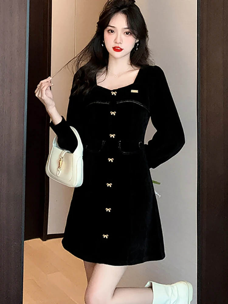 

Черное вельветовое мини-платье с длинным рукавом Осень-зима шикарное женское платье с квадратным вырезом 2023 корейское винтажное платье в стиле Хепберн
