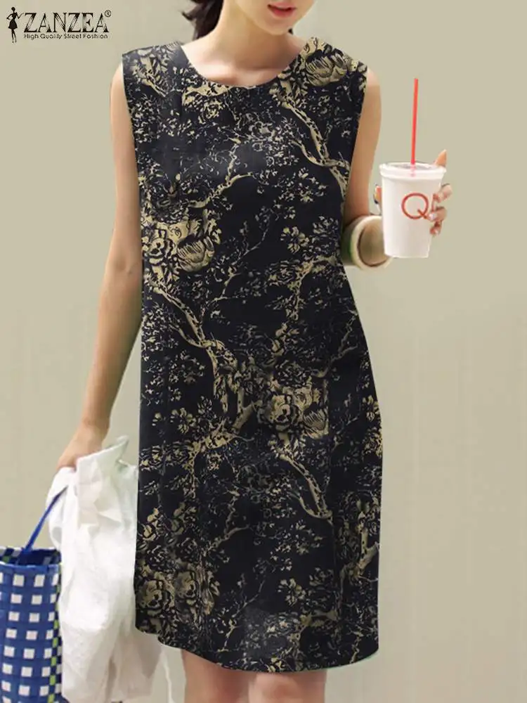 

Платье ZANZEA женское повседневное без рукавов, модный винтажный сарафан с принтом, Пляжное праздничное в богемном стиле с цветочным принтом, лето 2023