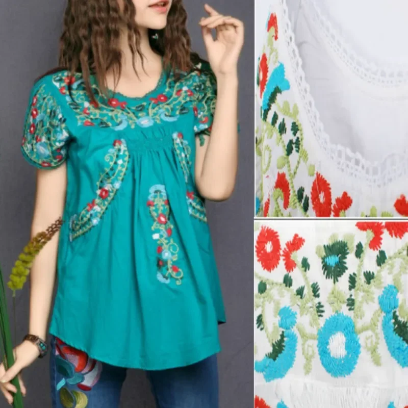 Женский винтажный Ретро-топ с вышивкой в этническом стиле