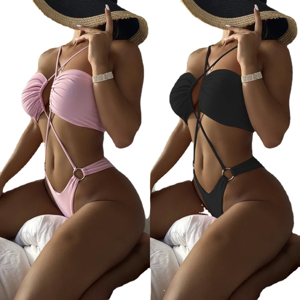 

2022 High Quality Swimwear Women One-Piece Swimsuit Solid Color Cross Strap Sexy Mid Waist Bikinis Suit 2 Pcs Women Bathing Suit