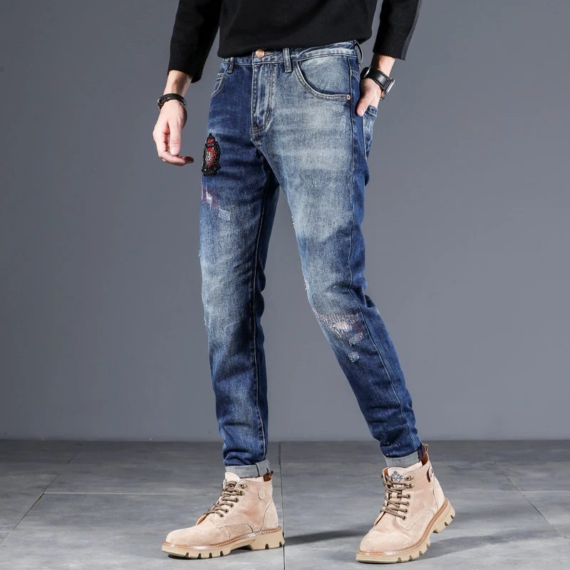 EH·MD® Micro Chapter Embroidered Jeans Men's Four Seasons Color Pants Legs Ink Splashed Cotton Cat Beard Slim Fit Elastic New 22