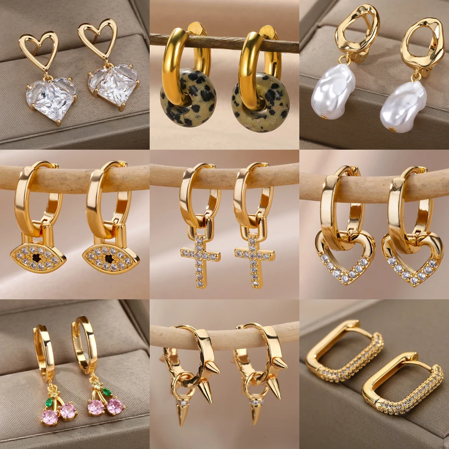 

Zircon Cross Necklaces For Women Stainless Steel Gold Plated Drop Necklace 2023 New Luxury Goth Wedding Jewelry Set aretes mujer
