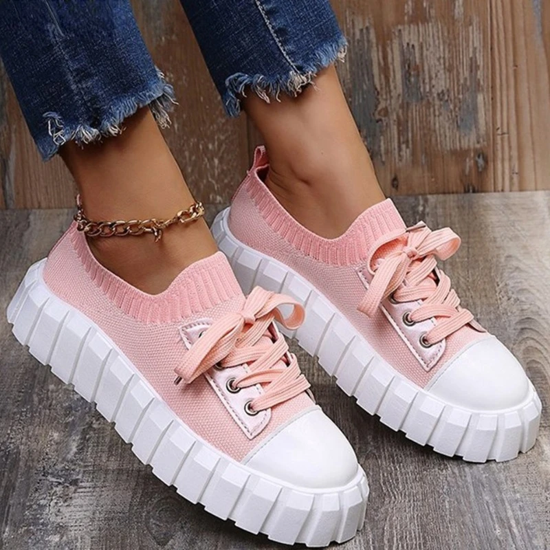 

Women's Stylish Sneakers 2022 Spring New Stretch Fabric Ladies Lace Up Casual Shoes 36-43 Large-Sized Female Comfy Flats